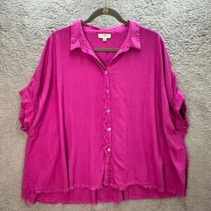 Umgee Women's Medium Pink Button Up Short Sleeve Blouse Boxy Raw Hem Casual Boho